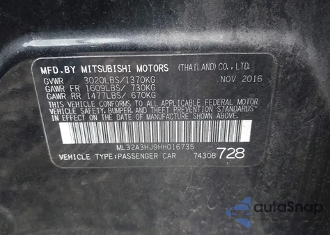 2017 Mitsubishi Mirage Es from USA, damaged, VIN ML32A3HJ9HH016735
